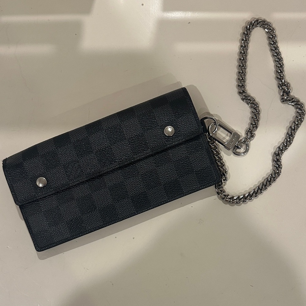 Louis Vuitton graphite  Damier Ebene accordion style wallet with chain